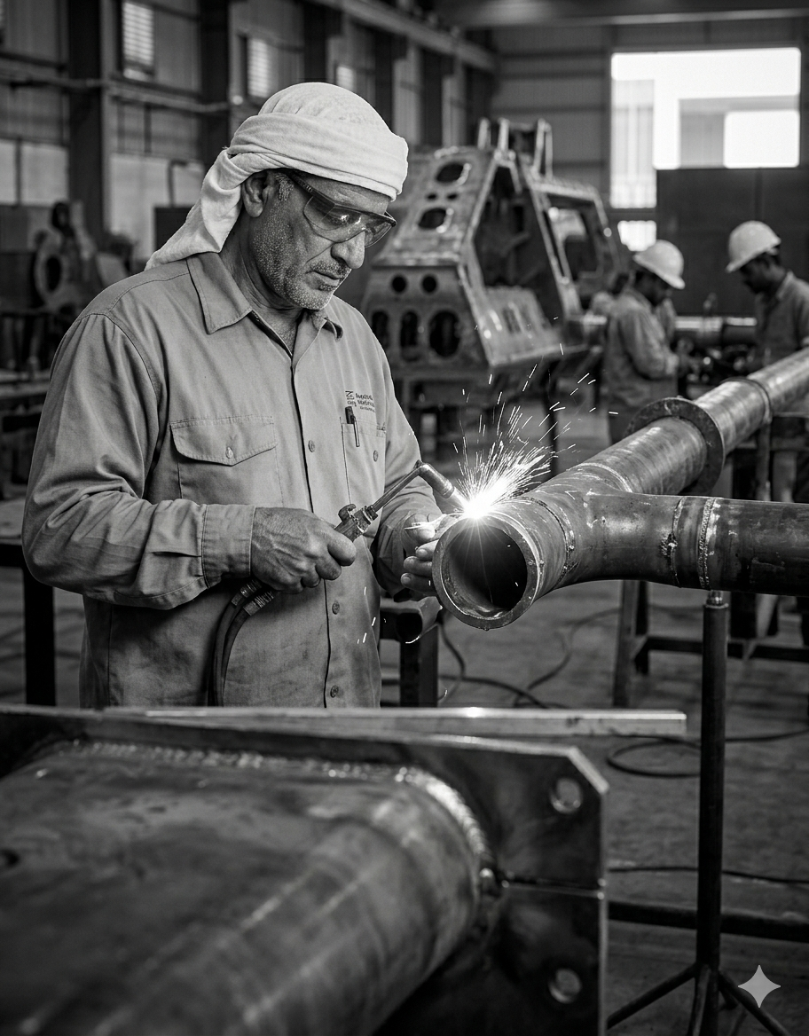 Worker wearing safety glasses and head covering welding a large metal pipe in an industrial workshop.