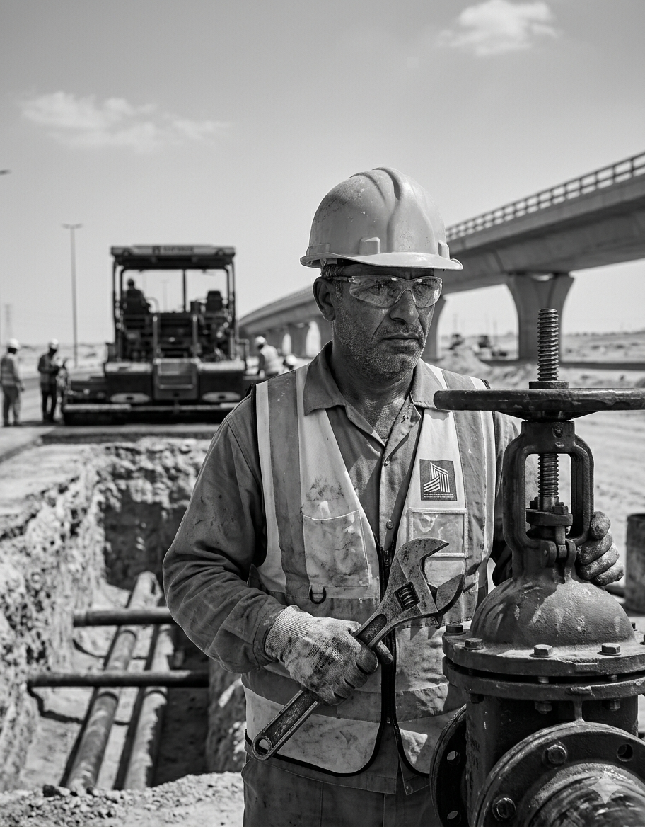 Construction worker wearing a hard hat and safety glasses holding a wrench near a large industrial valve at a pipeline construction site.