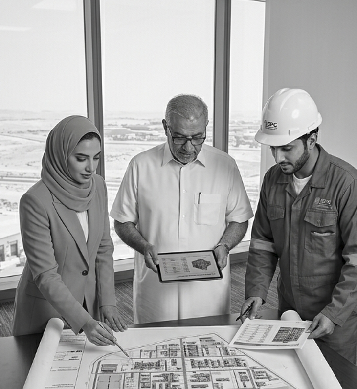 Three professionals discuss architectural plans on a table, one woman pointing at the blueprint, a man in traditional attire holding a tablet, and another man in a hard hat holding documents.