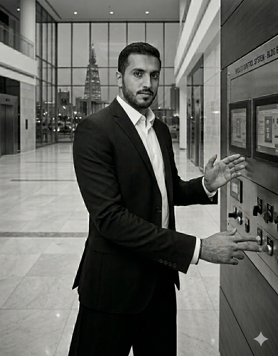 Man in a black suit operating buttons on a control panel inside a modern building lobby.