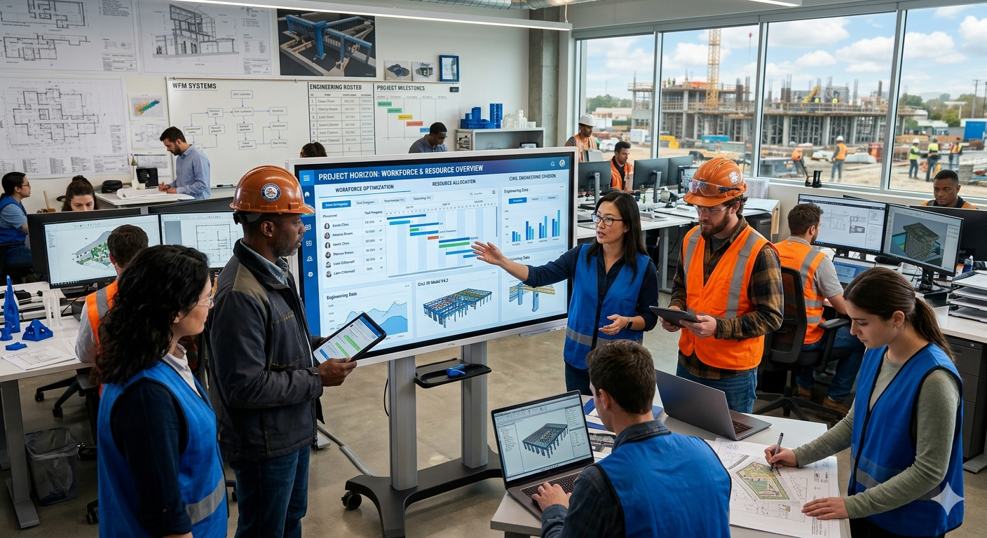 Construction project team in blue vests and orange safety gear reviewing workforce and resource data on a large screen in an office with building plans and computers, with a construction site visible through windows.