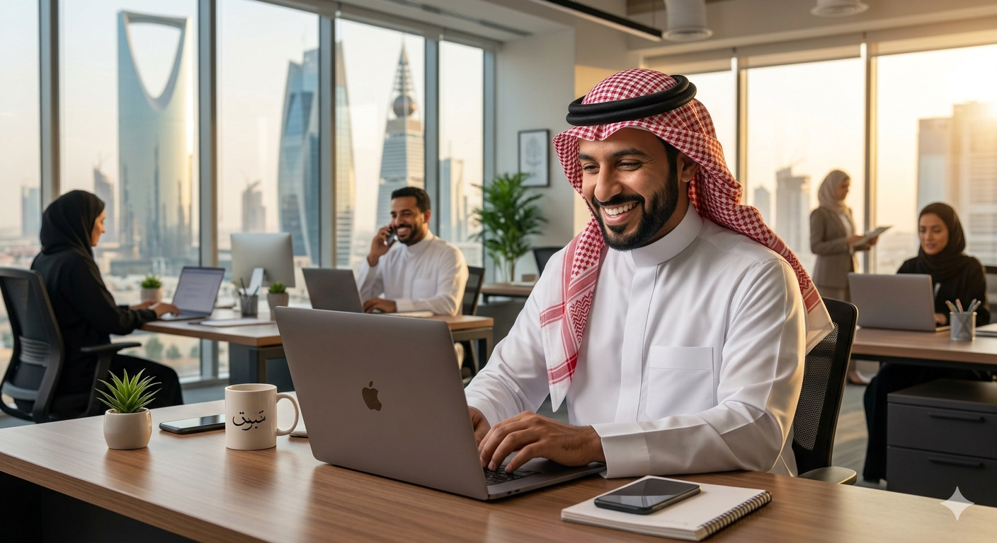 Smiling Middle Eastern man in traditional attire working on a laptop in a modern office with colleagues and city skyline in the background.