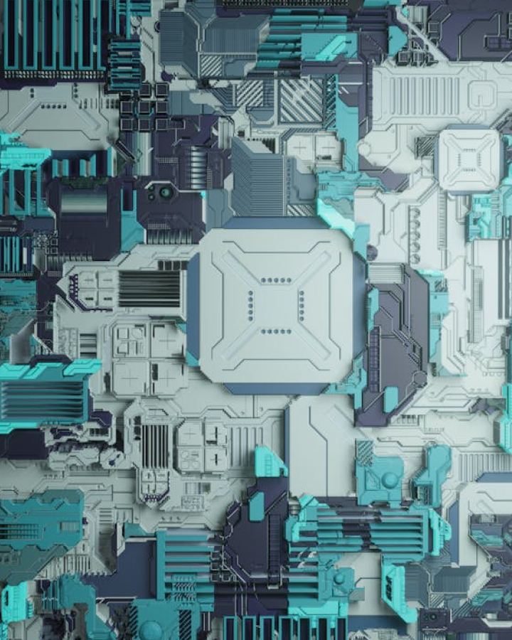 Close-up view of a complex circuit board with various geometric components in shades of blue, gray, and turquoise.