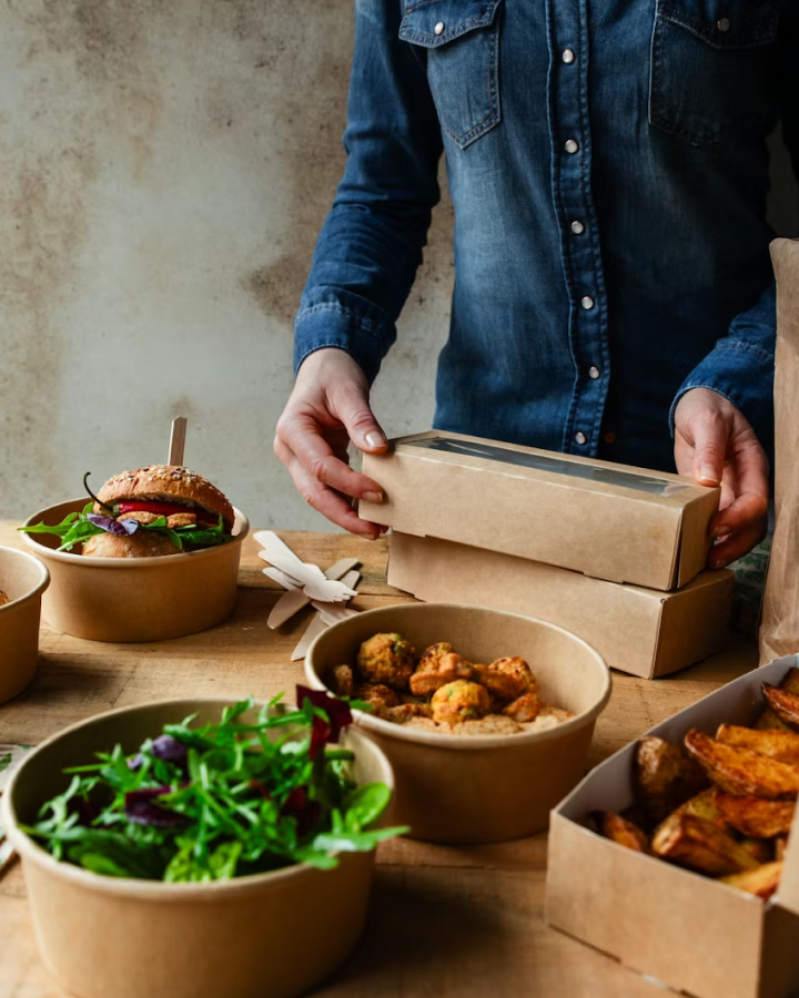 Person in denim shirt packaging assorted takeout food including salad, falafel, a burger, and potato wedges in brown eco-friendly containers on a wooden table.