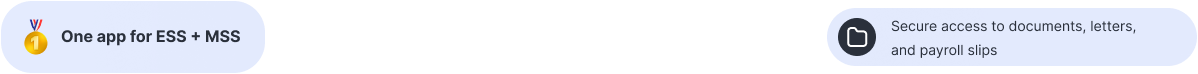 Rounded rectangular icon with a gold medal and text stating 'One app for ESS + MSS' and another icon with a folder symbol and text about secure access to documents, letters, and payroll slips.