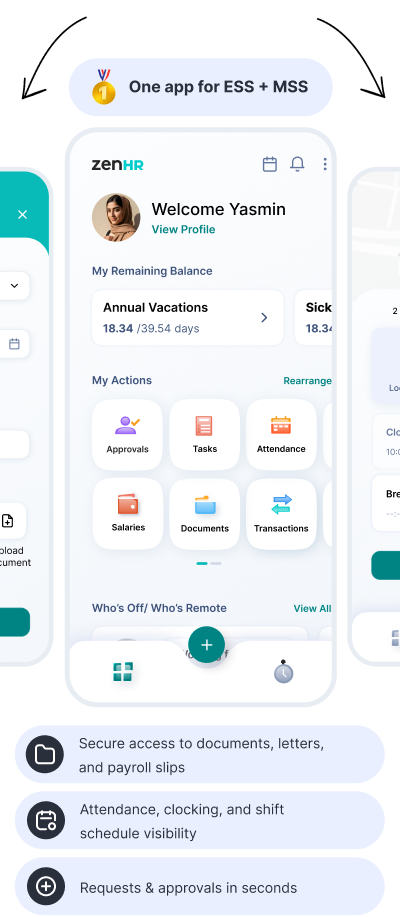 Mobile app screen showing employee self-service features including balance of annual vacations and sick days, actions like approvals, tasks, attendance, salaries, documents, and transactions, with additional info on secure document access, attendance tracking, and quick requests and approvals.