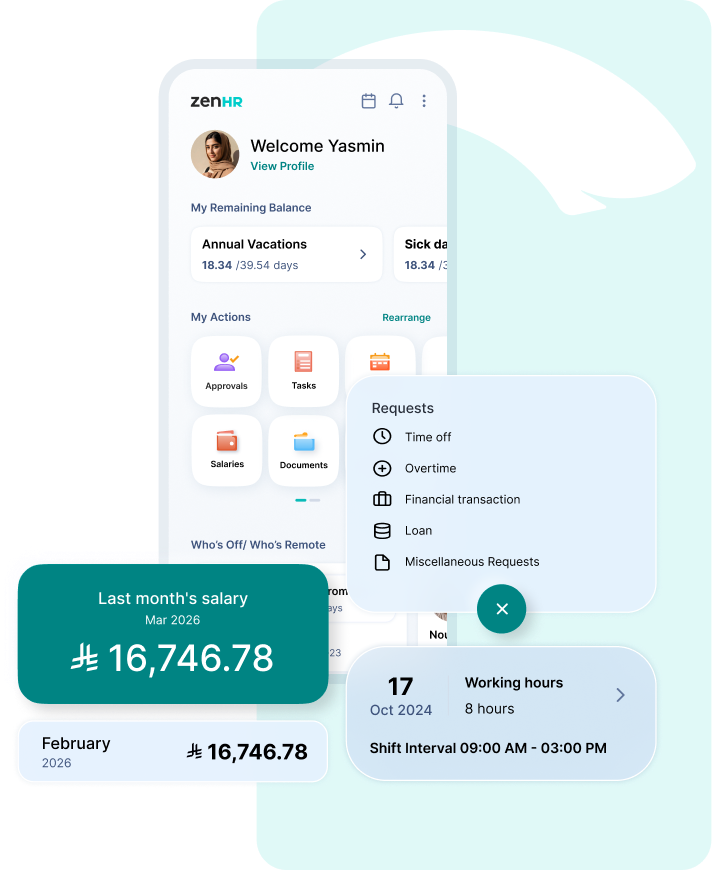 Mobile app interface showing employee dashboard with annual vacation and sick day balances, approvals, tasks, salaries, and documents, plus salary details and shift schedule for Yasmin.