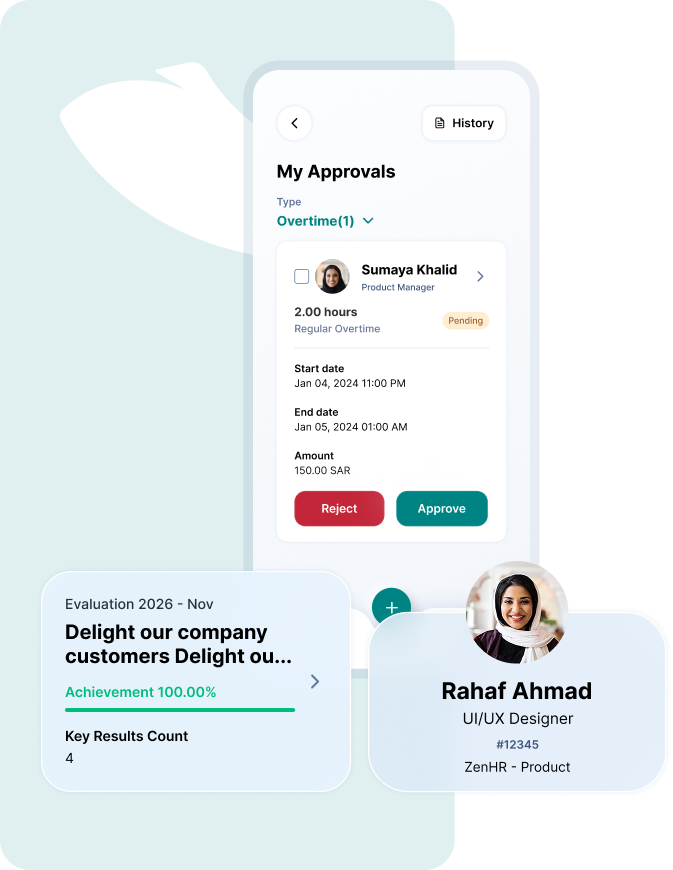 Mobile app interface showing approval request from Sumaya Khalid for 2 hours of overtime with options to reject or approve, and two cards displaying evaluation achievement and profile of Rahaf Ahmad UI/UX Designer.