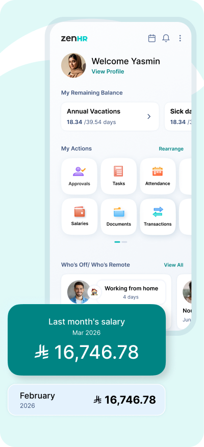 Mobile app interface showing ZenHR dashboard with user's vacation balance, action buttons like Approvals and Tasks, remote work status, and last month's salary displayed as 16,746.78.
