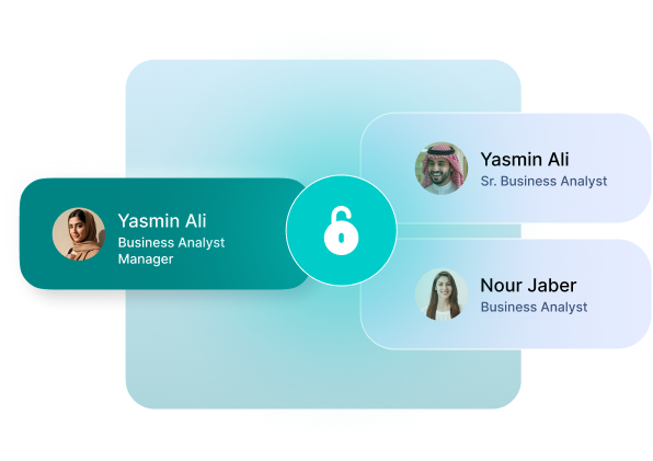 Diagram showing secure access with a central teal padlock icon connecting a Business Analyst Manager named Yasmin Ali to two roles: Sr. Business Analyst Yasmin Ali and Business Analyst Nour Jaber.