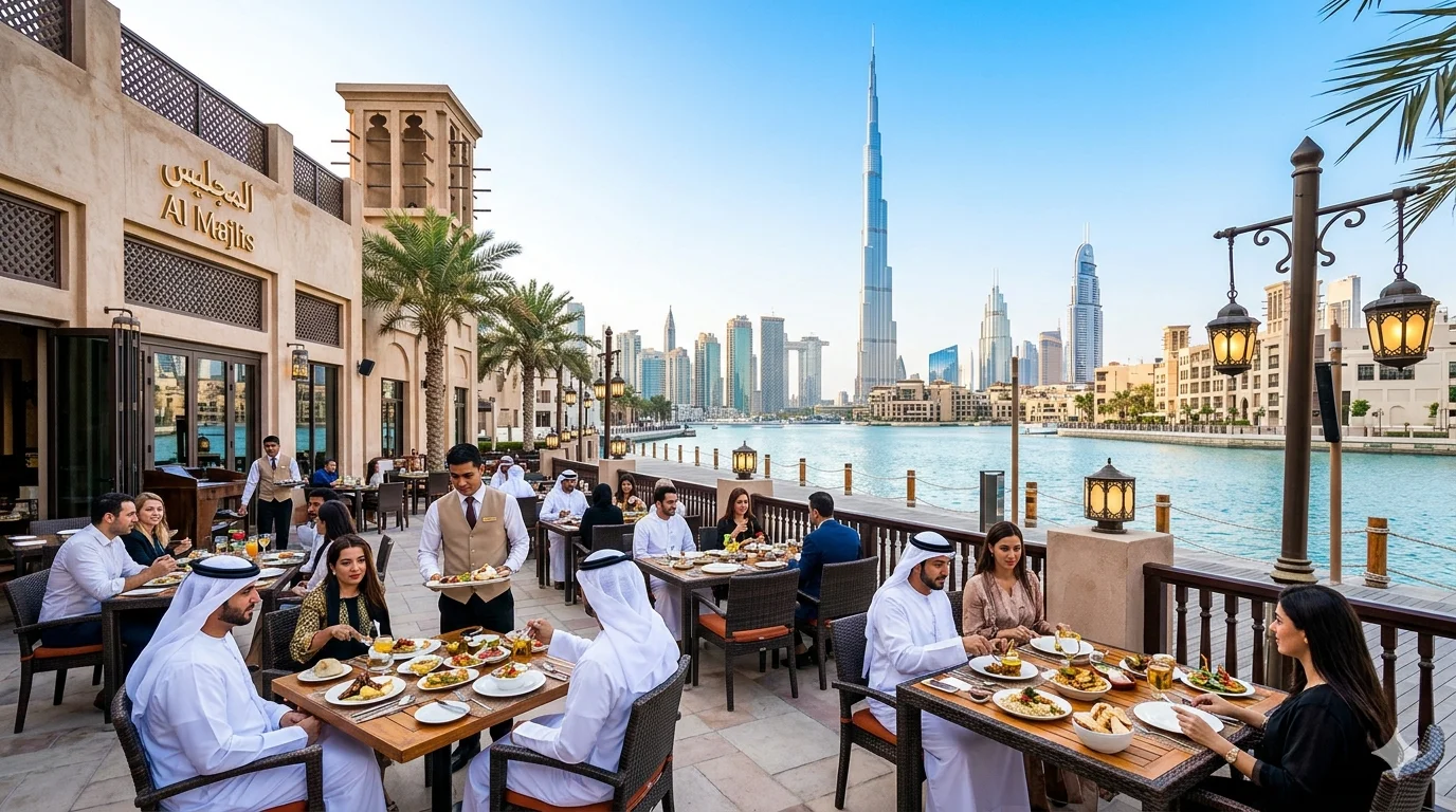 Outdoor dining area at Al Majlis restaurant in Dubai with patrons enjoying meals by the water and Burj Khalifa skyline in the background.