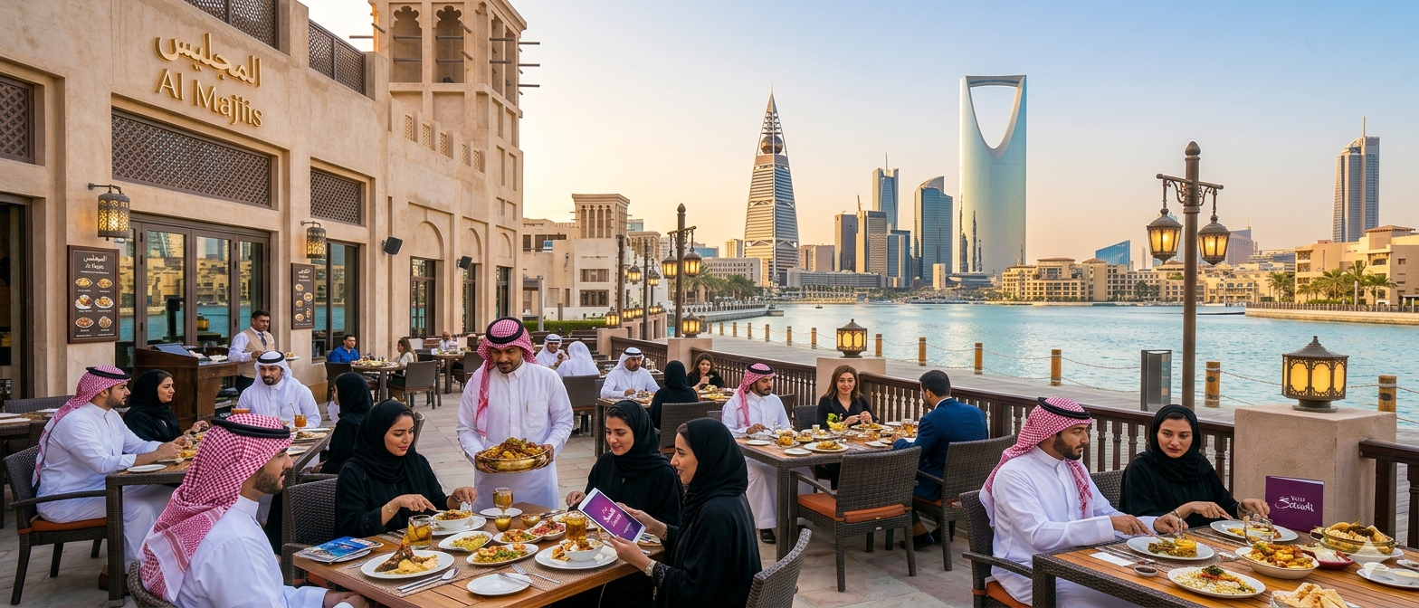 Group of people dining outdoors at Al Majlis restaurant by the waterfront with Riyadh city skyline in the background during sunset.