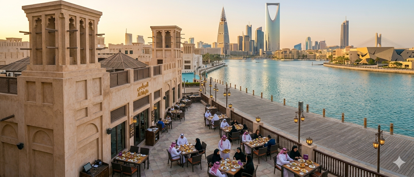 Outdoor waterfront dining at Al Majlis restaurant with patrons in traditional Middle Eastern attire and a city skyline with modern skyscrapers in the background.