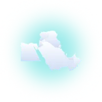 Simplified map outline of the Middle East and North Africa region on a blue circular background.