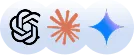 Three stylized icons representing AI technologies, with the OpenAI logo on the left, then claude code, then gemini.