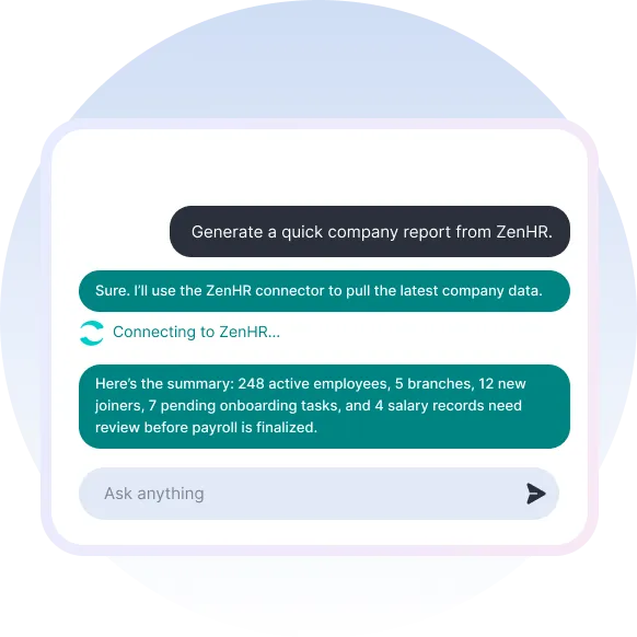Chat interface showing a summary of company data: 248 employees, 5 branches, 12 new joiners, 7 onboarding tasks.