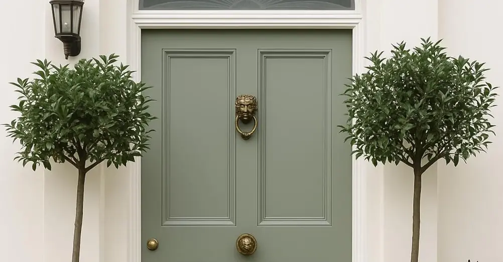 Sage-green panelled front door with a brass knocker, framed by two topiary trees