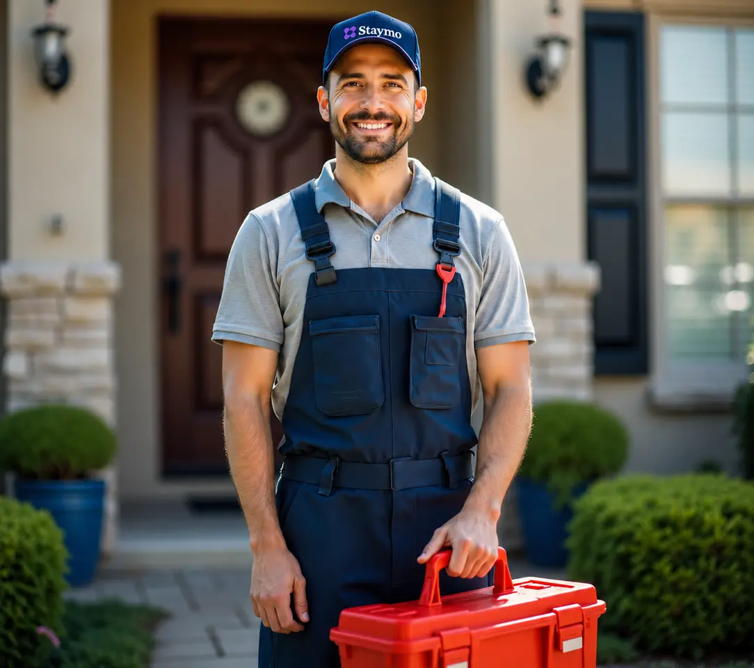 Staymo engineer carrying a toolbox at the front door of a property