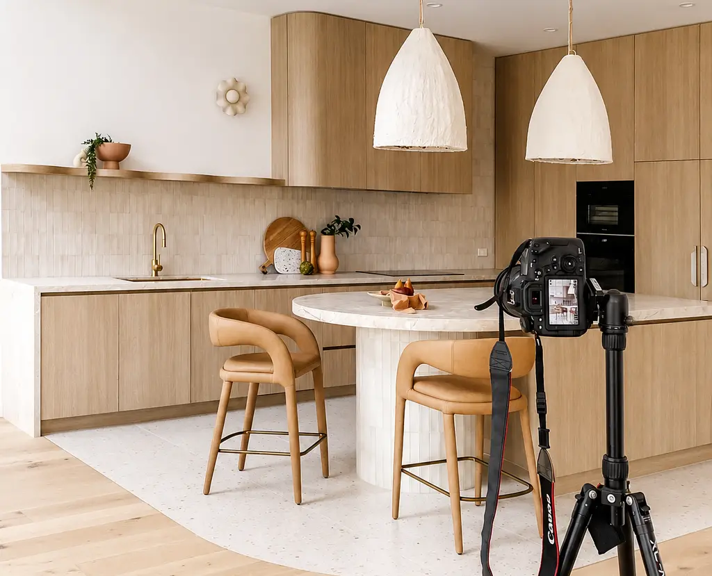 Camera on a tripod photographing a styled kitchen before a listing goes live