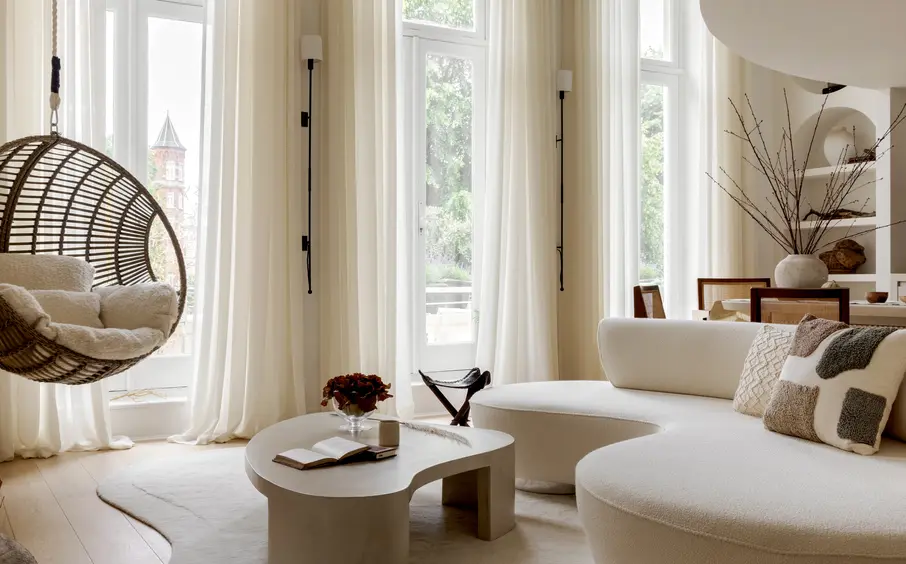 Bright living room styled for listing photos