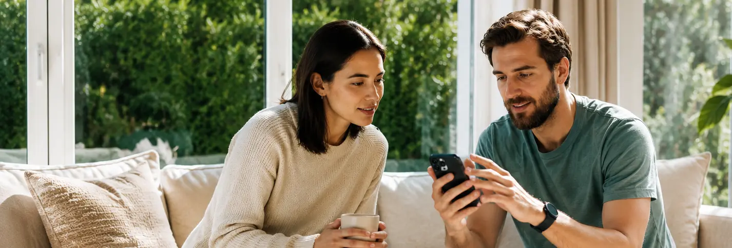 Two property owners looking at a phone in a bright living room