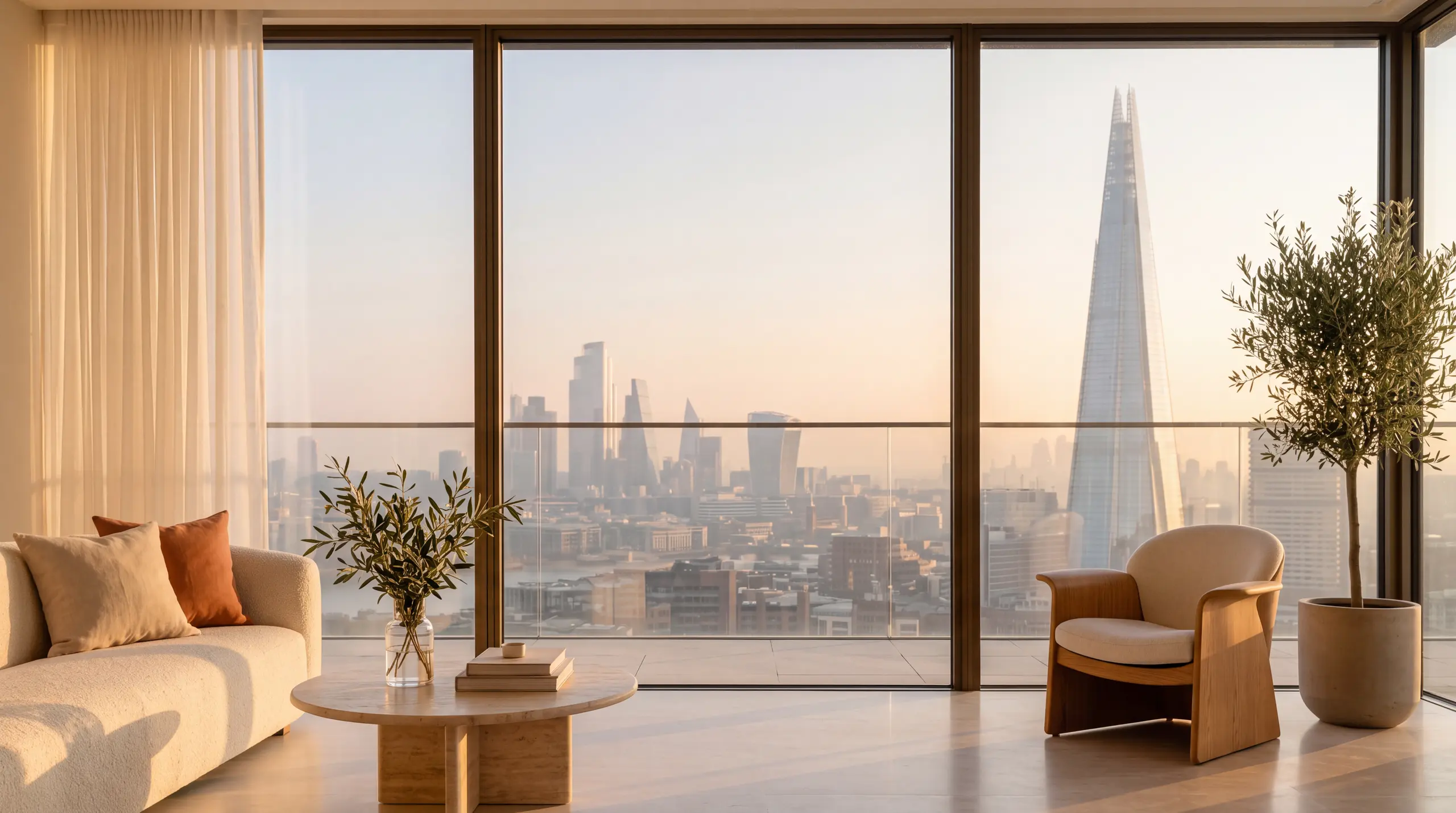 Sunlit London apartment living room with floor-to-ceiling windows overlooking the Shard