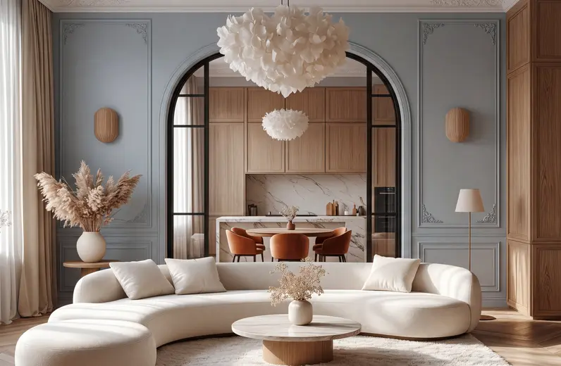Serviced apartment lounge with a curved white sofa and an arched doorway to the kitchen