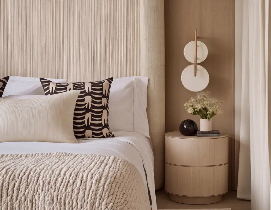 Bedroom in a serviced apartment with a textured headboard and a round bedside table