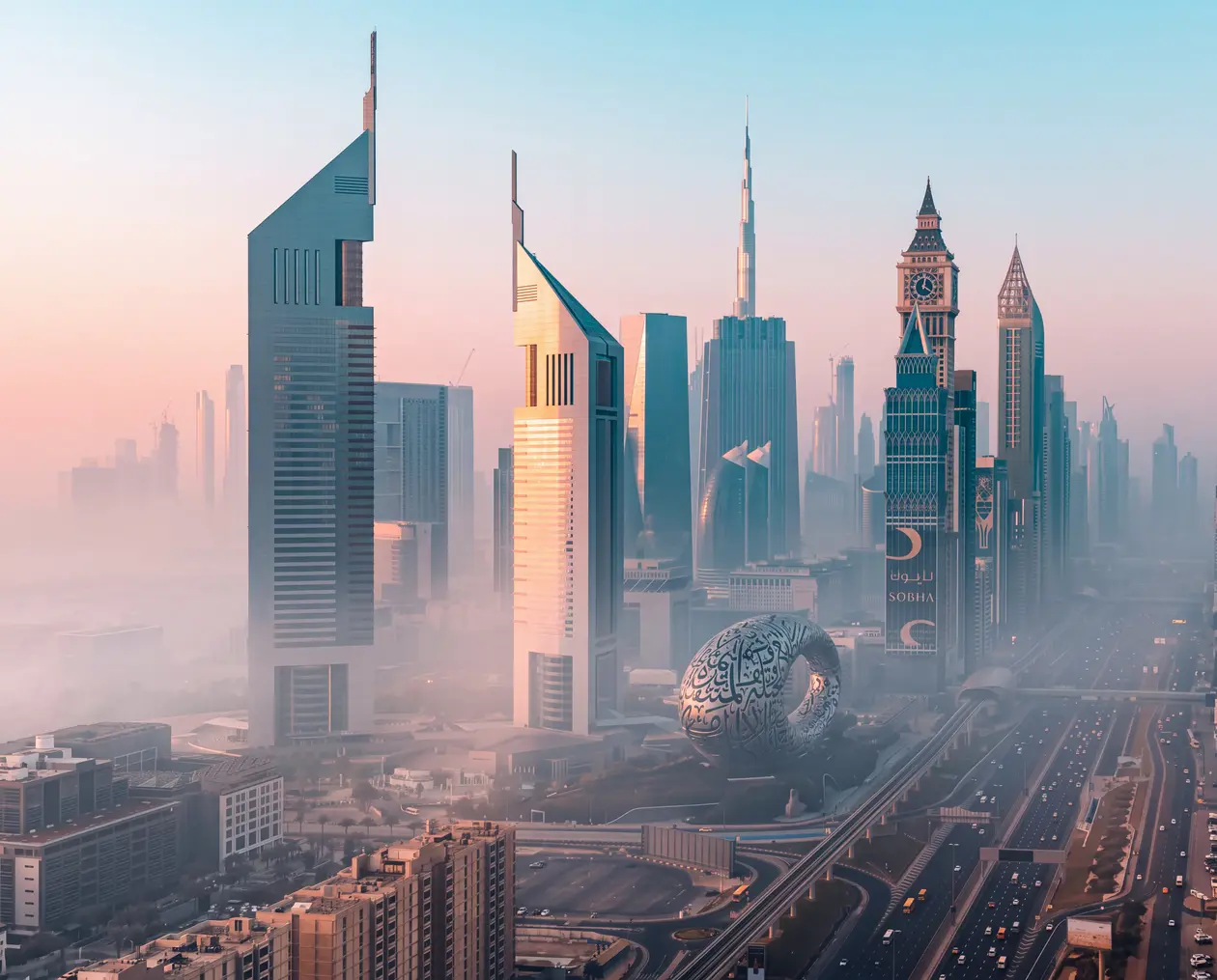 Dubai skyline with the Burj Khalifa in morning haze