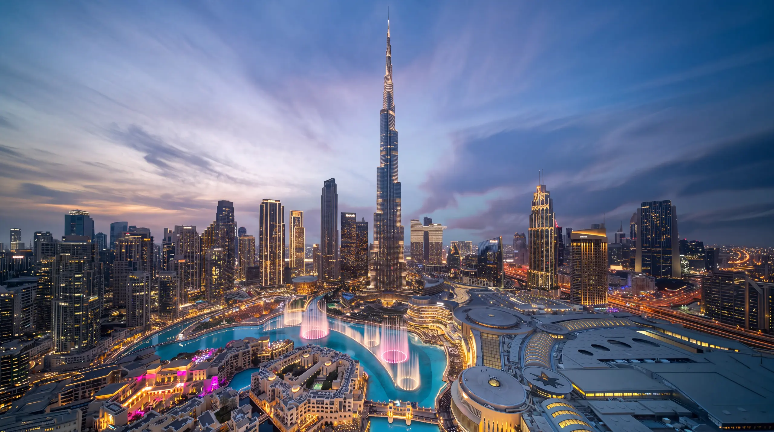 Burj Khalifa and the Downtown Dubai skyline at dusk, with the Dubai Fountain below