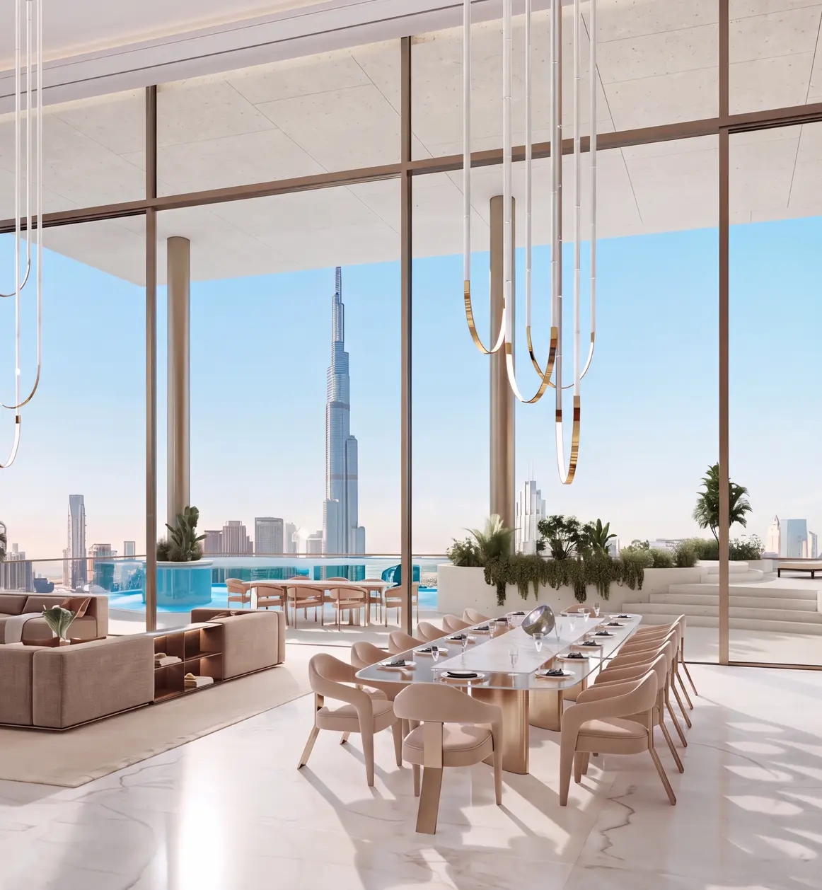Open-plan living and dining room with a view of the Burj Khalifa
