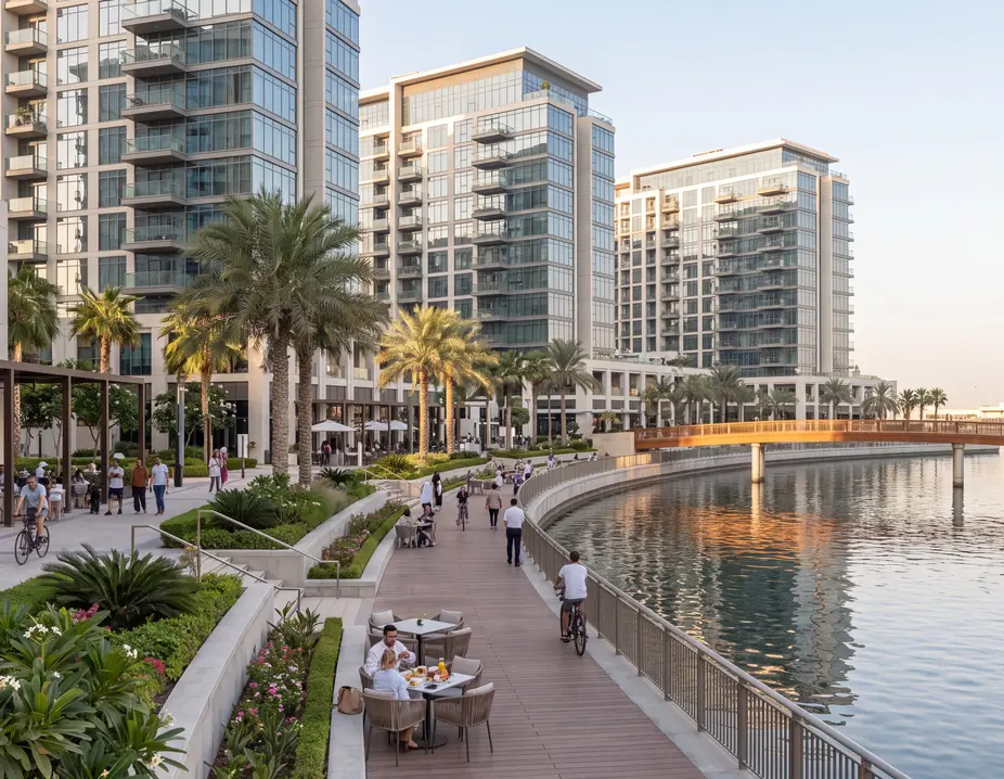 Waterfront promenade with cafes, palms and residential towers