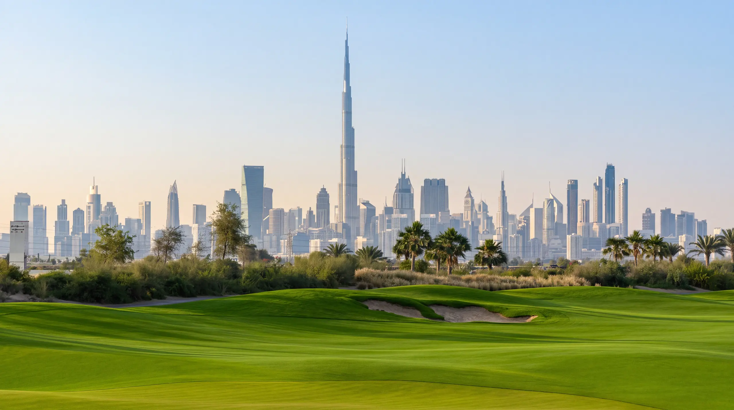 Dubai Hills golf course with the Burj Khalifa skyline behind
