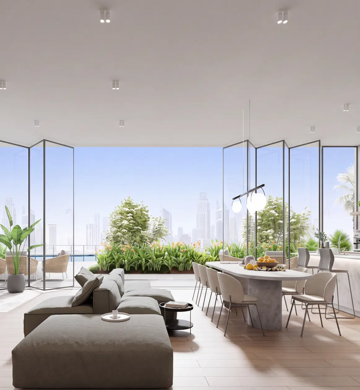 Open-plan living room with bookshelves, a green wall and a city view