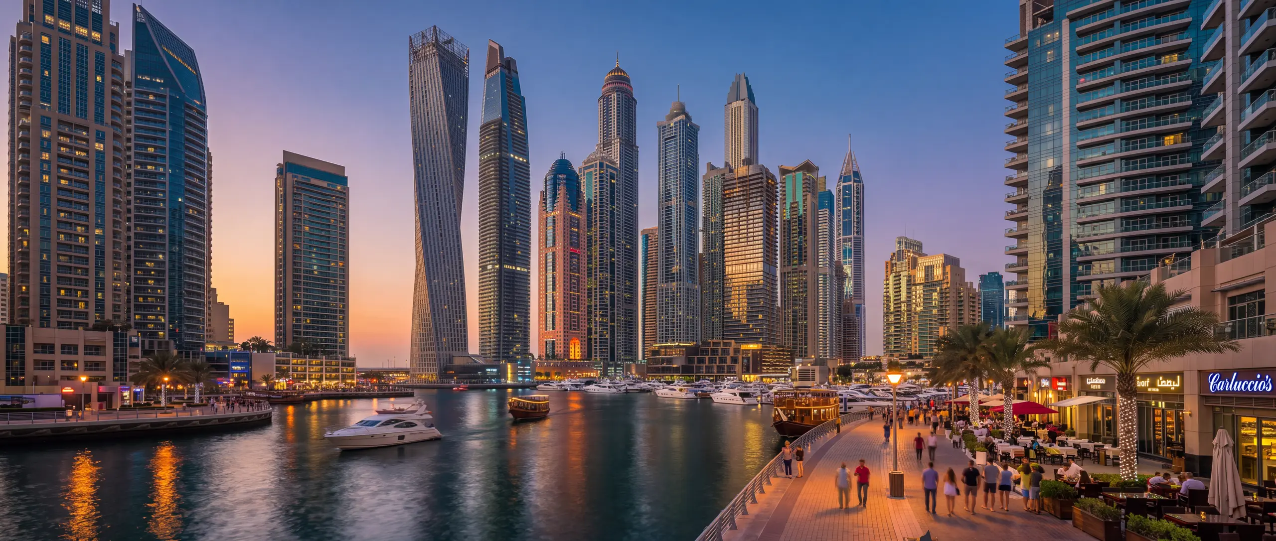 Dubai Marina towers and the waterfront promenade at dusk