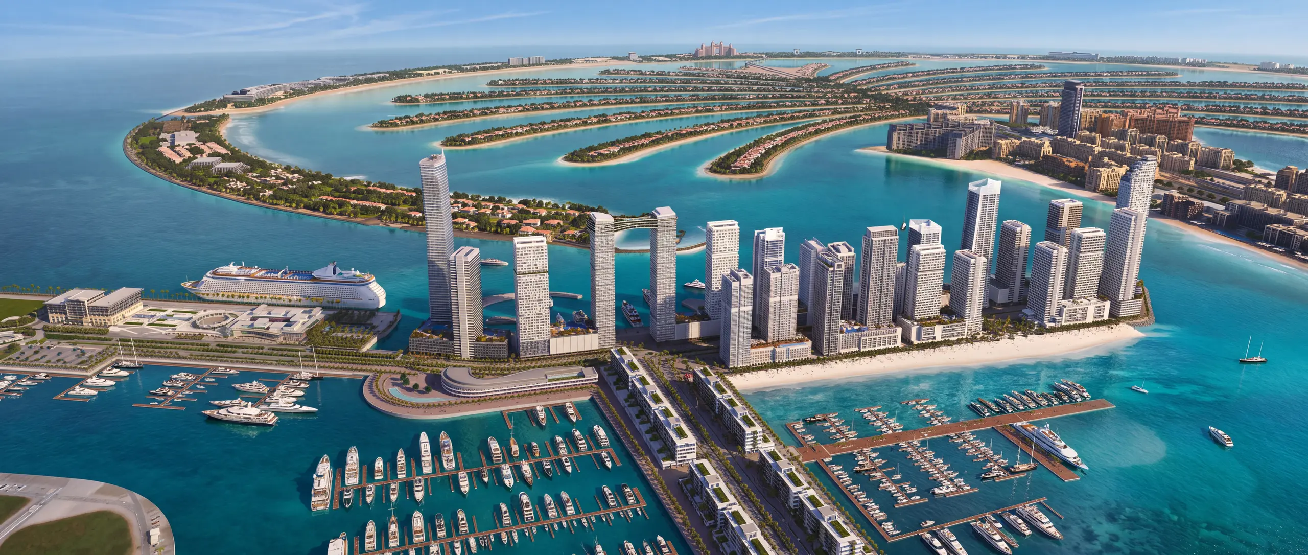Emaar Beachfront towers and the Dubai Harbour marina from the air, with Palm Jumeirah behind