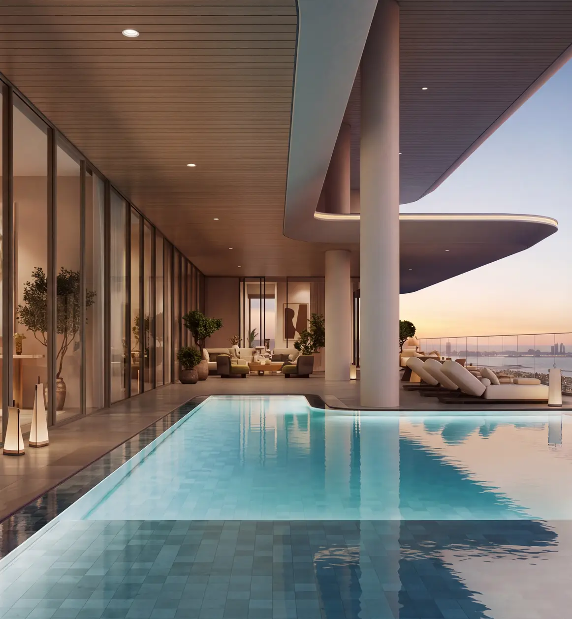 Terrace with an infinity pool facing the sea at sunset