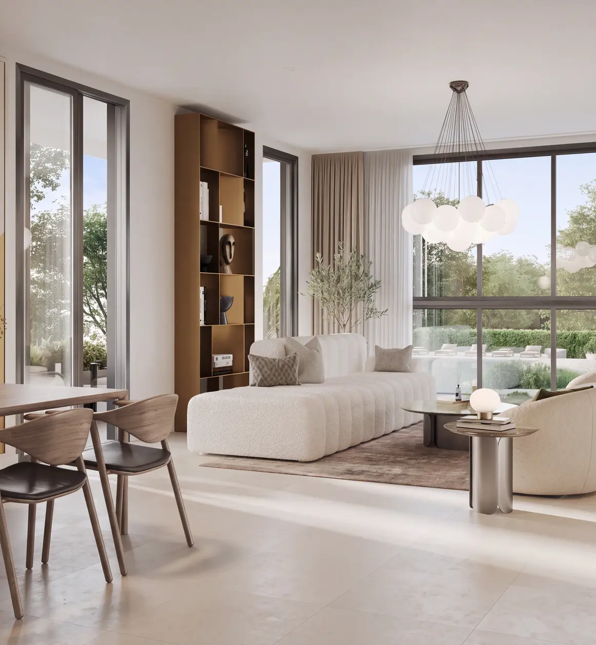 Living and dining room with large windows onto greenery