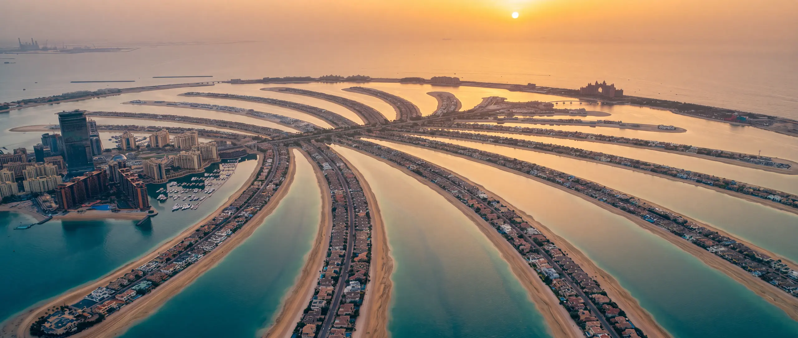 Palm Jumeirah fronds from the air at sunset