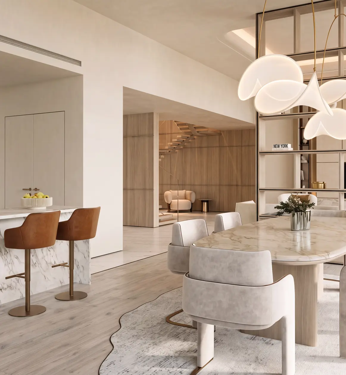 Dining area with a marble table and sculptural pendant lights