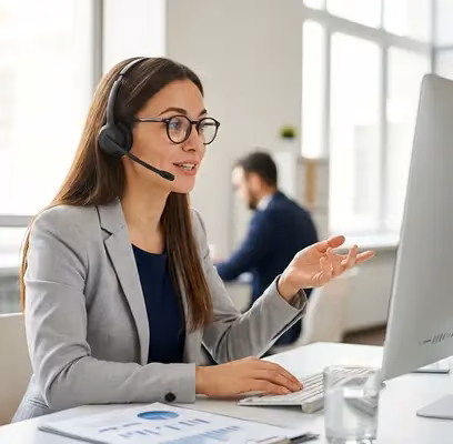 Guest support agent with a headset talking to a guest from her desk