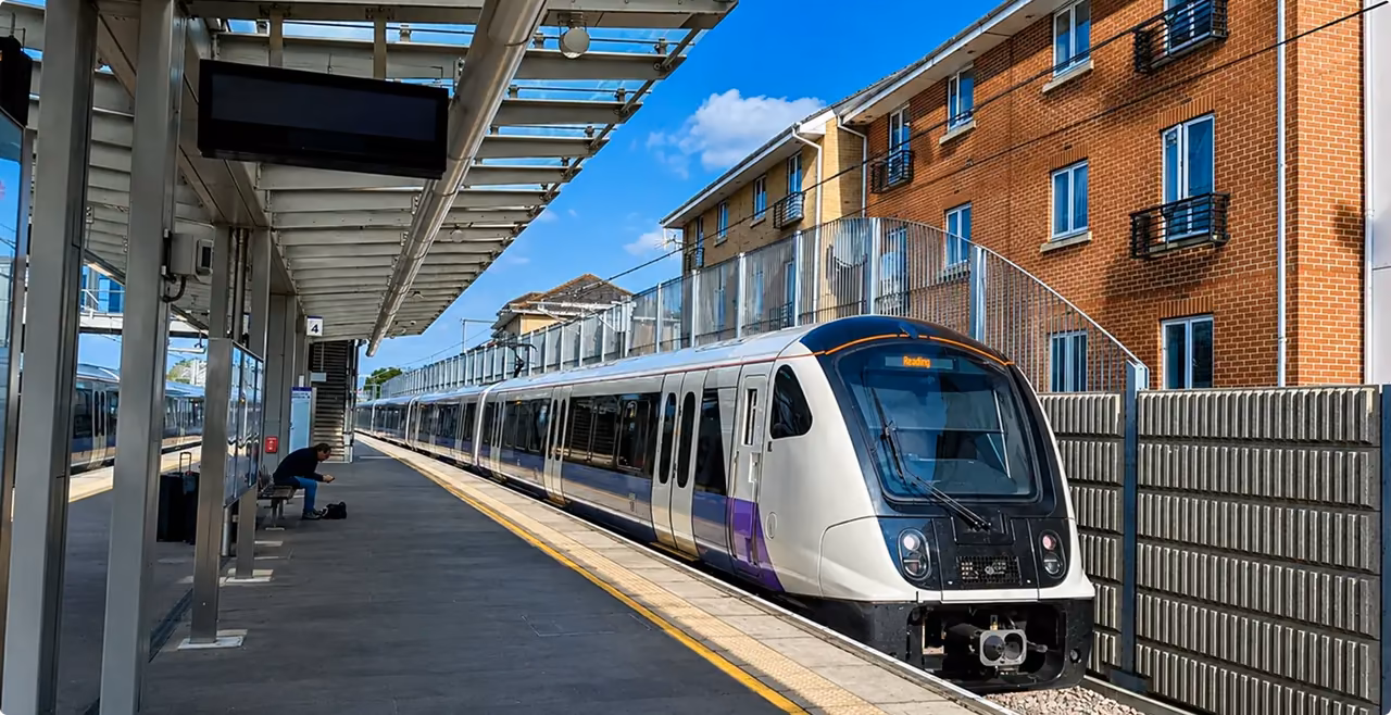 Elizabeth line train at a suburban platform beside red-brick flats