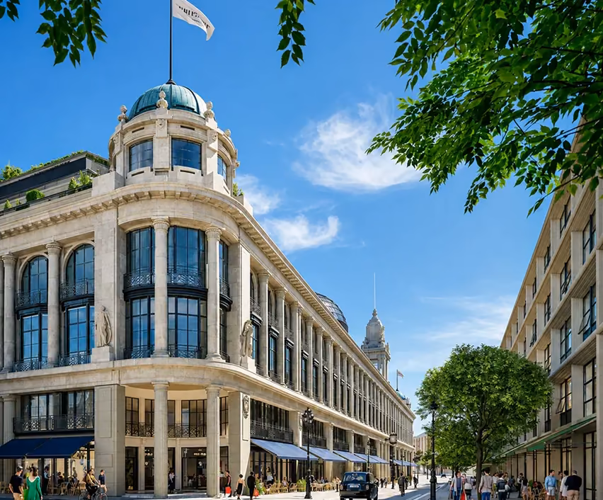 Domed stone facade of Whiteleys on Queensway in Bayswater under blue sky