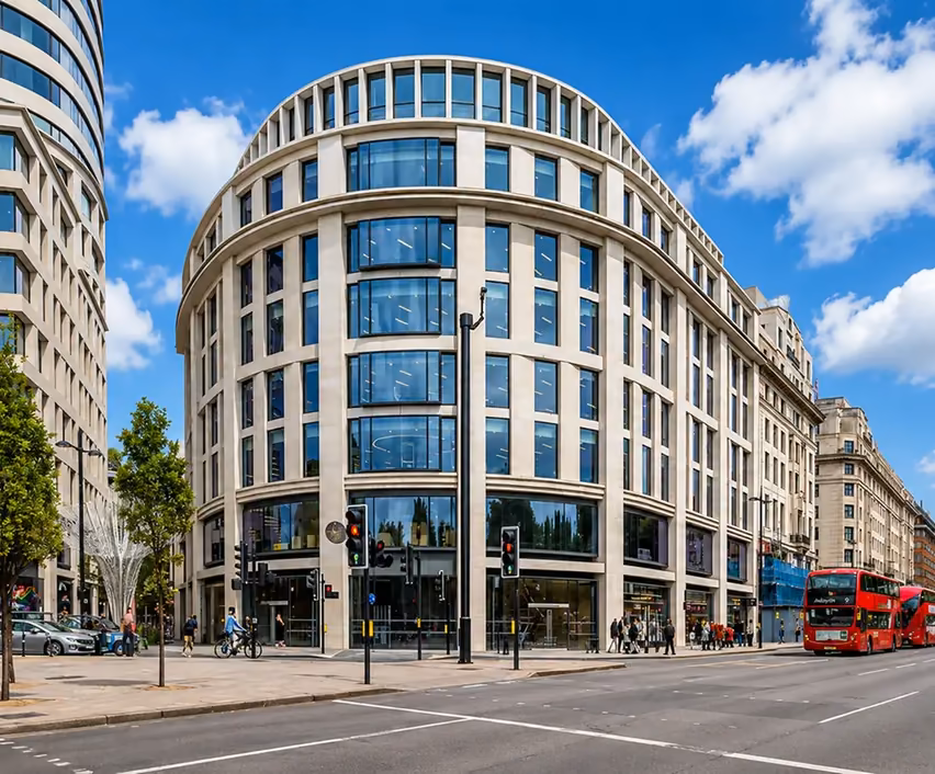 Curved pale stone corner building with glass upper floors and red buses on the street