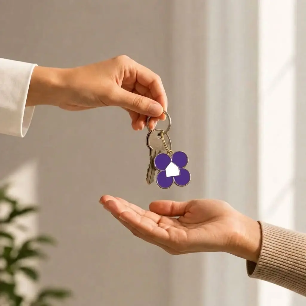 Owner handing over property keys on a Staymo keyring to a property manager