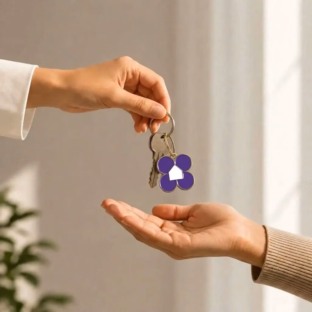 One hand passes a set of keys with a purple flower-shaped fob into another open hand.