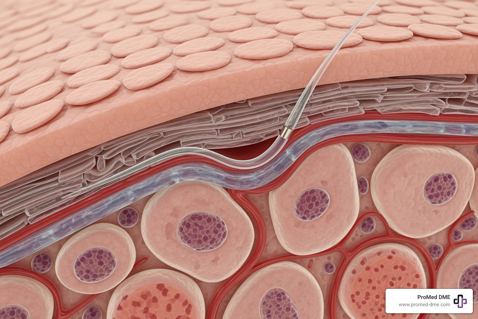Image showing the sensor filament under the skin layer measuring interstitial fluid - continuous glucose monitoring system