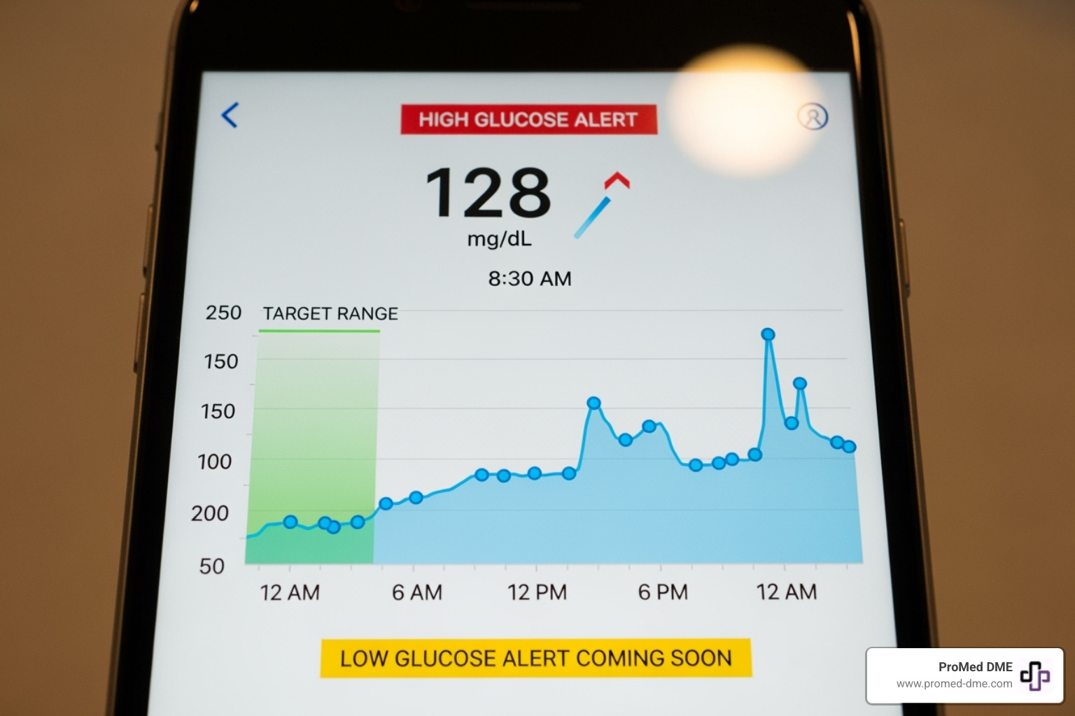 Image of a smartphone screen displaying a CGM graph with high and low alerts - continuous glucose monitoring system