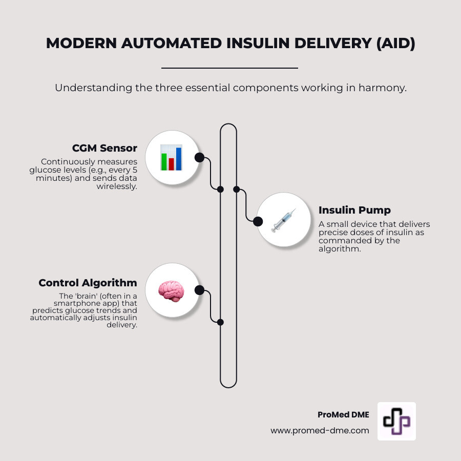 Infographic showing the three main components of a modern automated insulin delivery system: a continuous glucose monitor sensor on the upper arm measuring blood sugar every 5 minutes, a small insulin pump device delivering precise doses, and a smartphone app serving as the controller with predictive algorithms that automatically adjust insulin delivery based on glucose trends and user inputs - new insulin pumps infographic infographic-line-3-steps-neat_beige