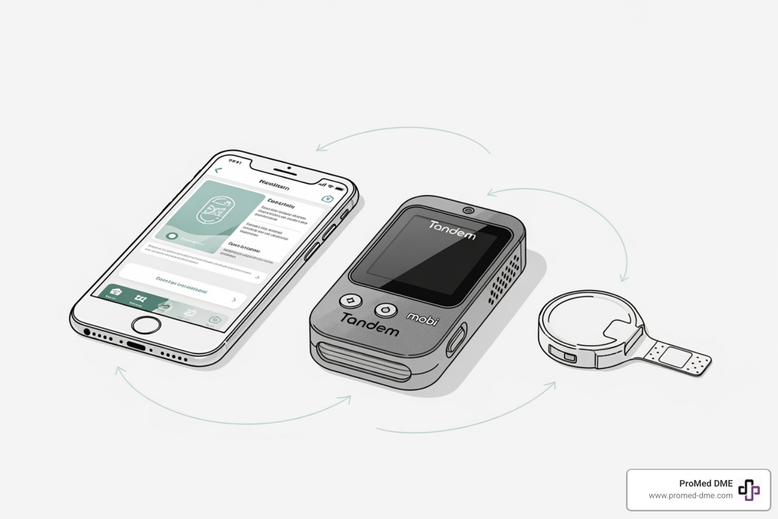 A diagram showing the connection between the Tandem Mobi pump, a smartphone, and a CGM sensor - tandem mobi pump malfunction